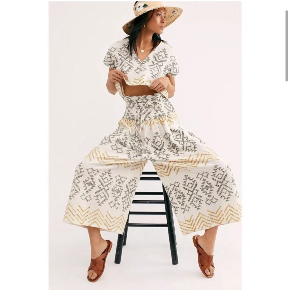 Free People Toluca Ivory Green Embroidered set